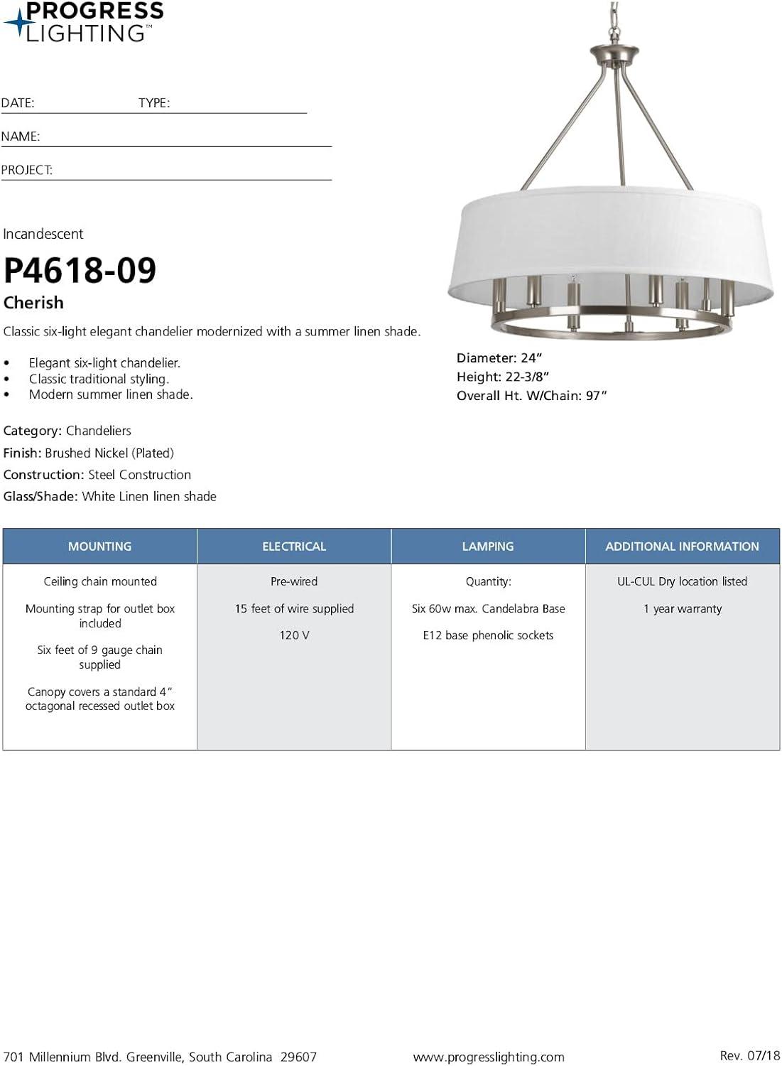 Progress Lighting Cherish 6-Light Chandelier, Brushed Nickel, Summer Linen Shade