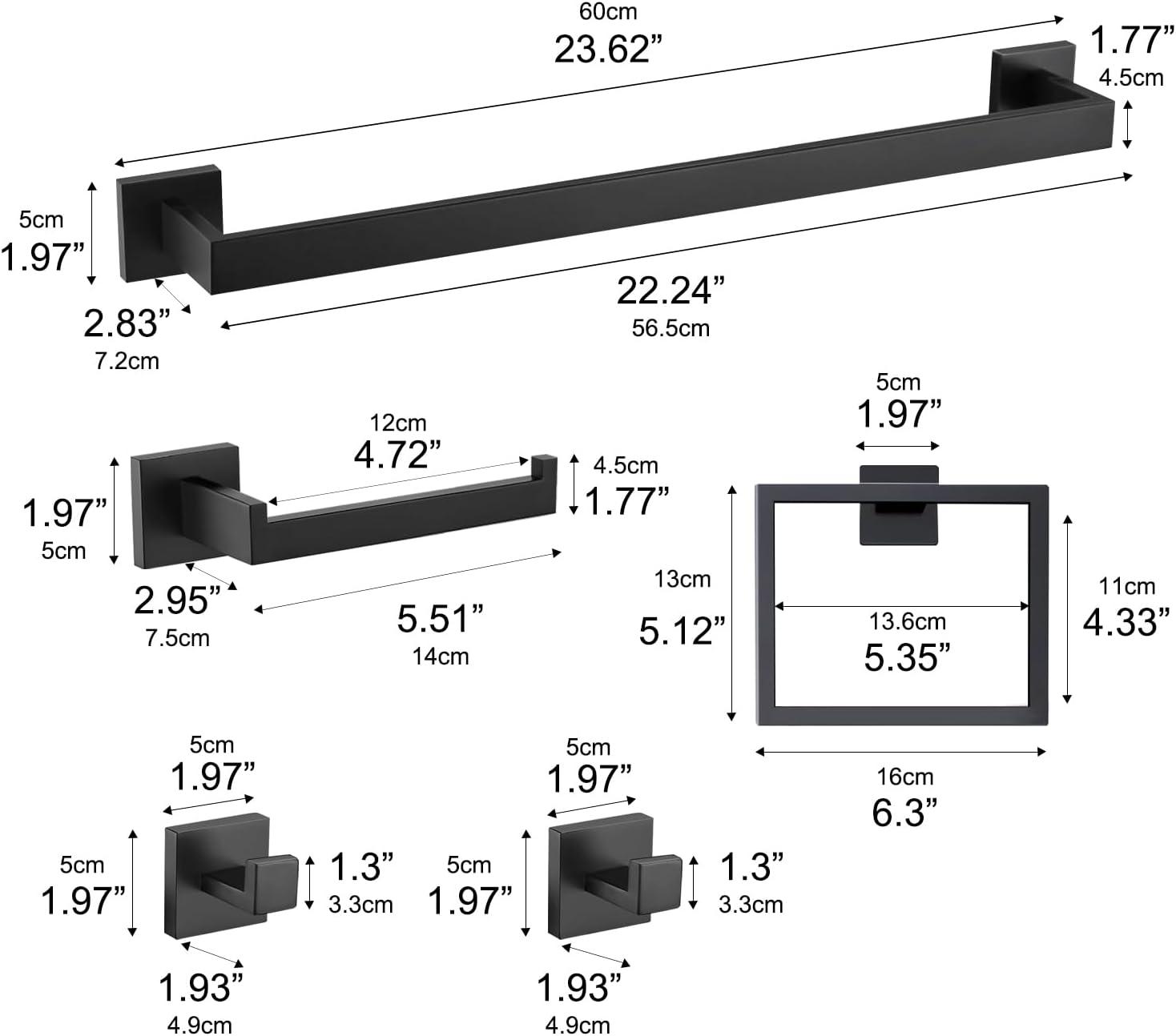 5 Pieces Square Matte Black Stainless Steel Bathroom Accessories Set Include 23.6 in Towel Bar, Toilet Paper Holder, Towel Ring, 2 Robe Towel Hooks