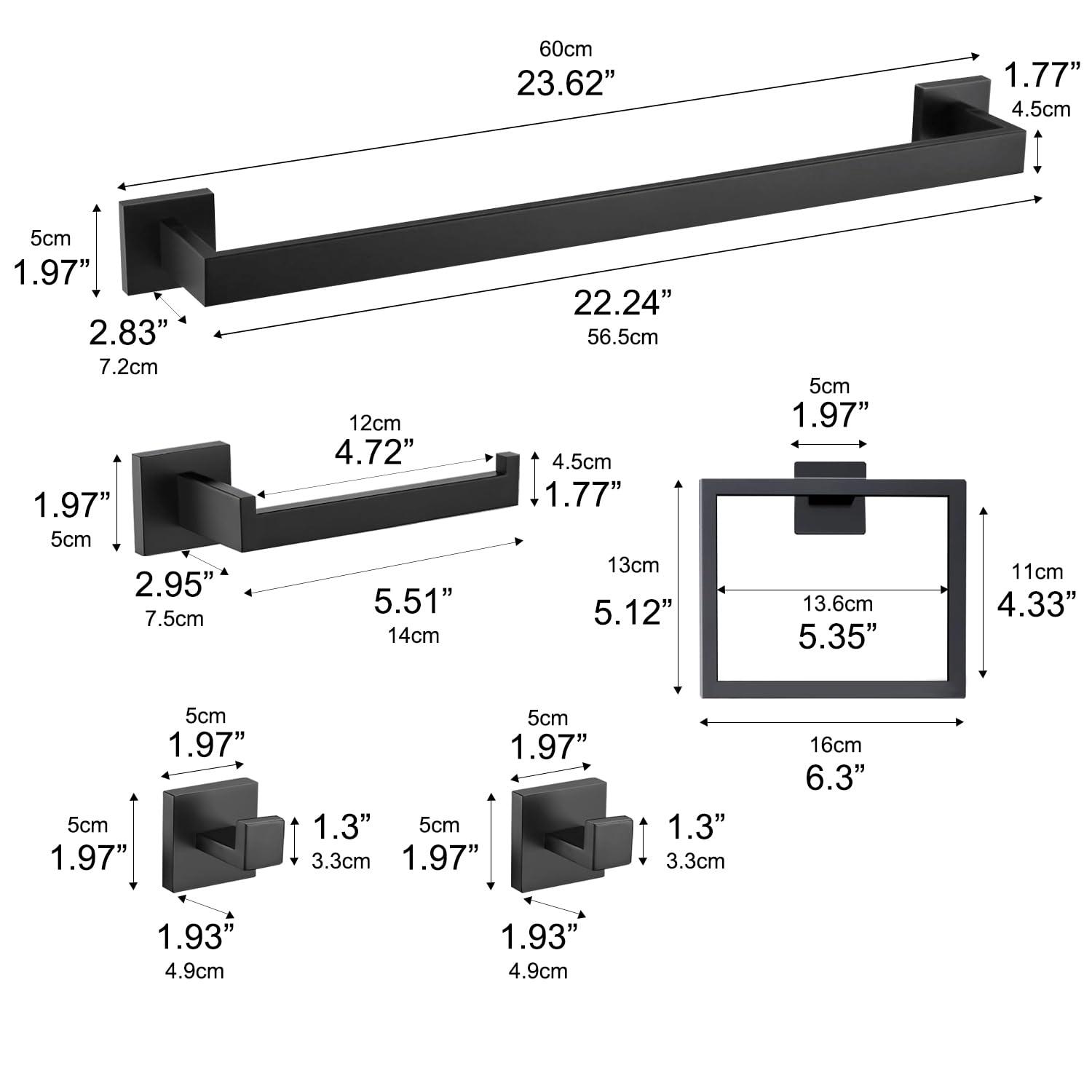 5 Pieces Square Matte Black Stainless Steel Bathroom Accessories Set Include 23.6 in Towel Bar, Toilet Paper Holder, Towel Ring, 2 Robe Towel Hooks