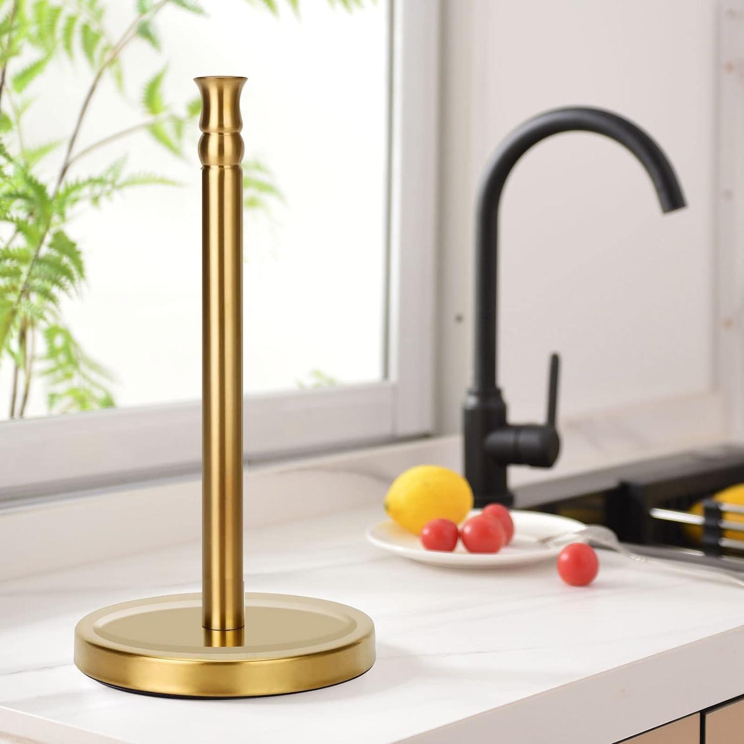 Paper Towel Holder Countertop Standing Roll Kitchen Bathroom Stand Weighted Base Suction Cups Stainless Steel Silver