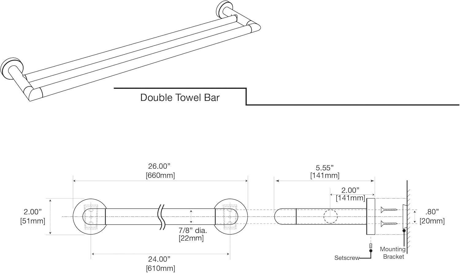Glam Double 24" Wall Mounted Double Towel Bar | Towel Rack with 2 Bars