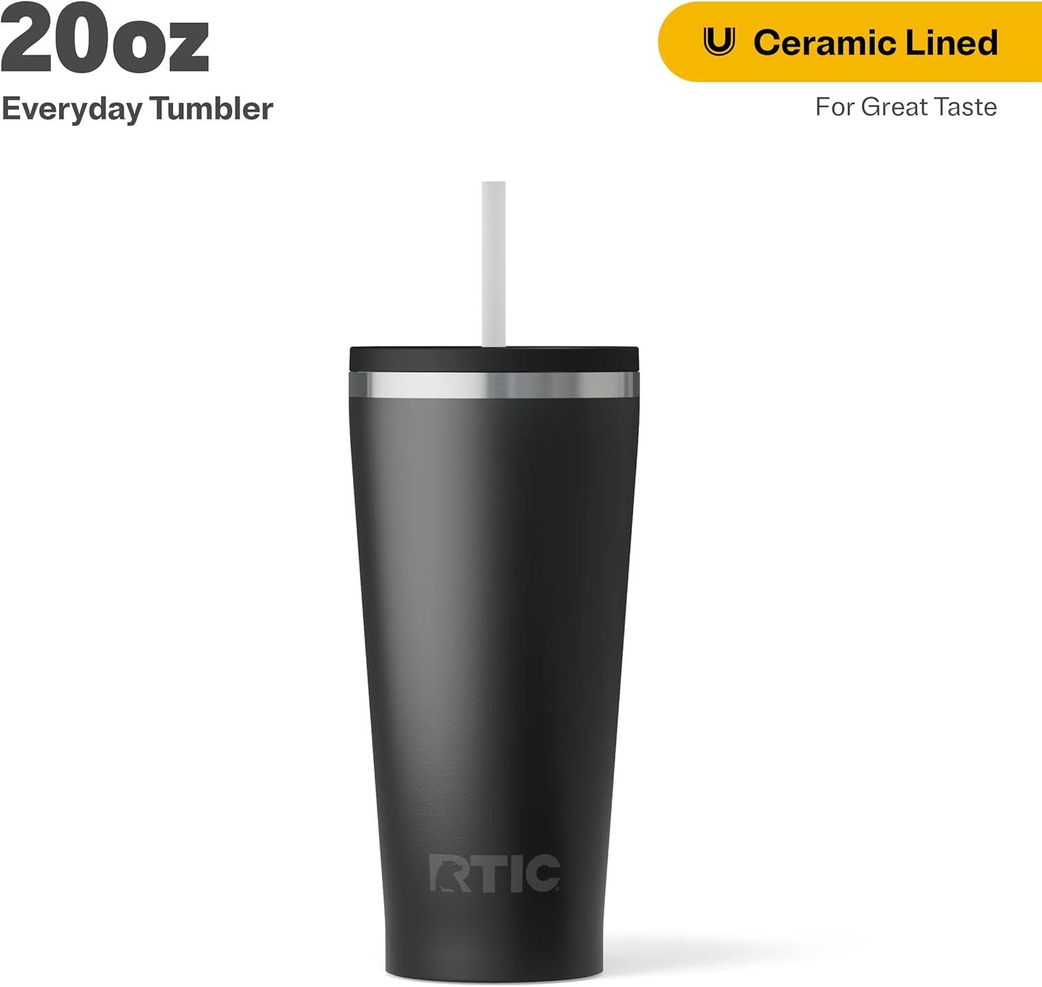 RTIC 20 oz Ceramic Lined Everyday Tumbler, Spill-Resistant Straw Lid, Black