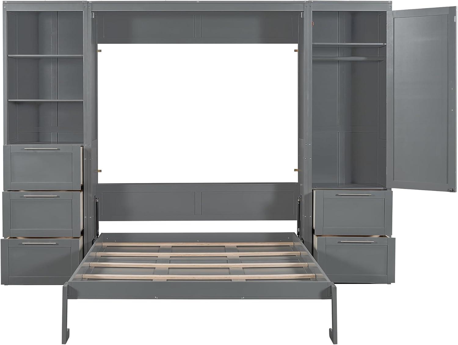 Queen Size Murphy Bed, Queen Wall Bed with Closet, Drawers and Shelves for Home Office Small Space, No Spring Box Needed, Gray