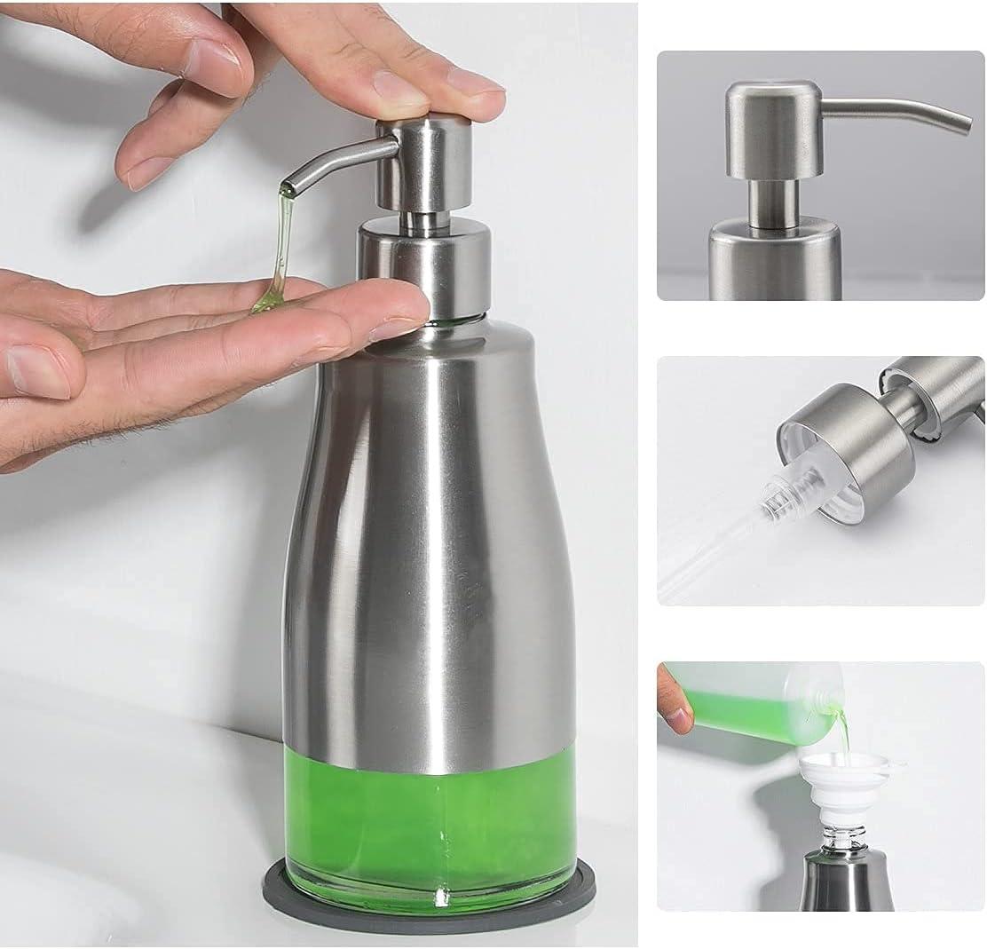 Brushed Nickel Stainless Steel and Glass Soap Dispenser with Non-Slip Coaster