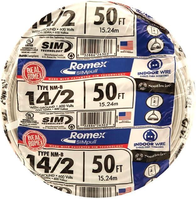 Southwire 28827422 50' 14/2 with ground Romex brand SIMpull residential indoor electrical wire type NM-B White