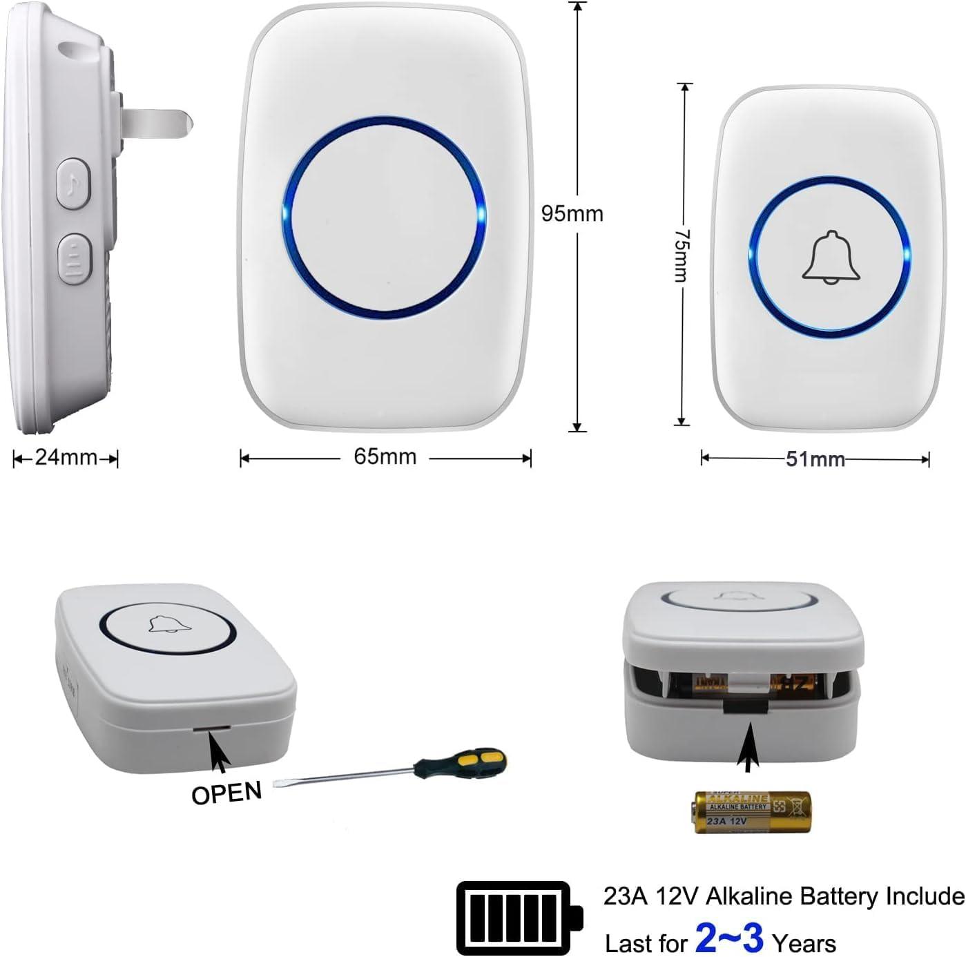 Wireless Doorbell, FullHouse Waterproof Door Bell Kit, Distinguish front and rear doors, Over 1000 feet Range and 60 Chime, 5 Levels Volume and LED Flash, for Home Office Classroom