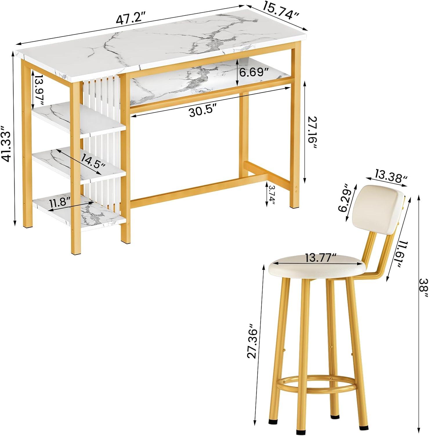 Bar Table and Stools with 3 Shelves, White Faux Marble Table with 2 PU Cushion Bar Stools for Home & Kitchen