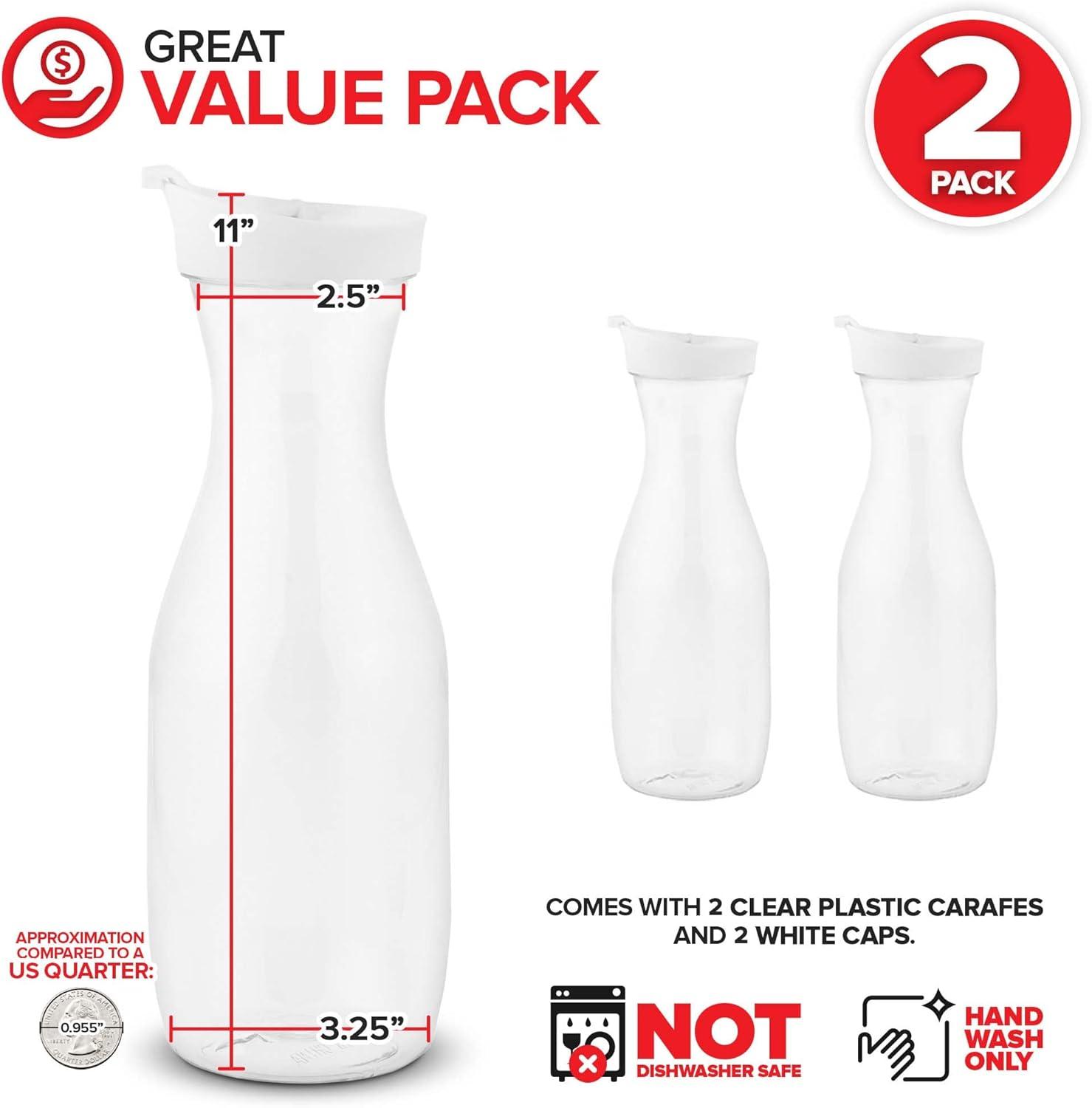 Plastic Juice Carafe with Lids (Set of 2) 32 oz Carafes for Mimosa Bar, Drink Pitcher with Lid, Water Bottle, Milk Container, Clear Beverage Containers for Fridge, Pantry Storage, Round Pitchers