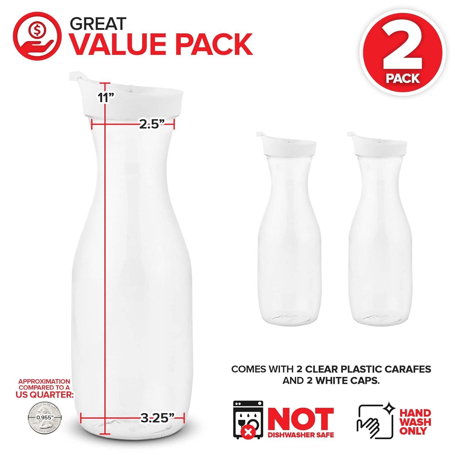 Plastic Juice Carafe with Lids (Set of 2) 32 oz Carafes for Mimosa Bar, Drink Pitcher with Lid, Water Bottle, Milk Container, Clear Beverage Containers for Fridge, Pantry Storage, Round Pitchers
