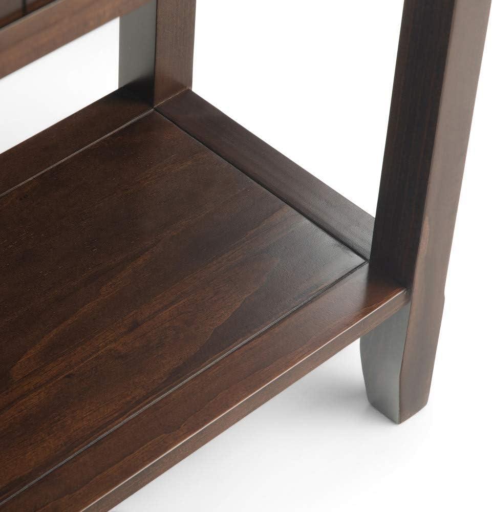 Simpli Home Acadian 60"W Solid Wood Wide Storage Console Table in Brunette Brown with Three Drawers and Open Shelf