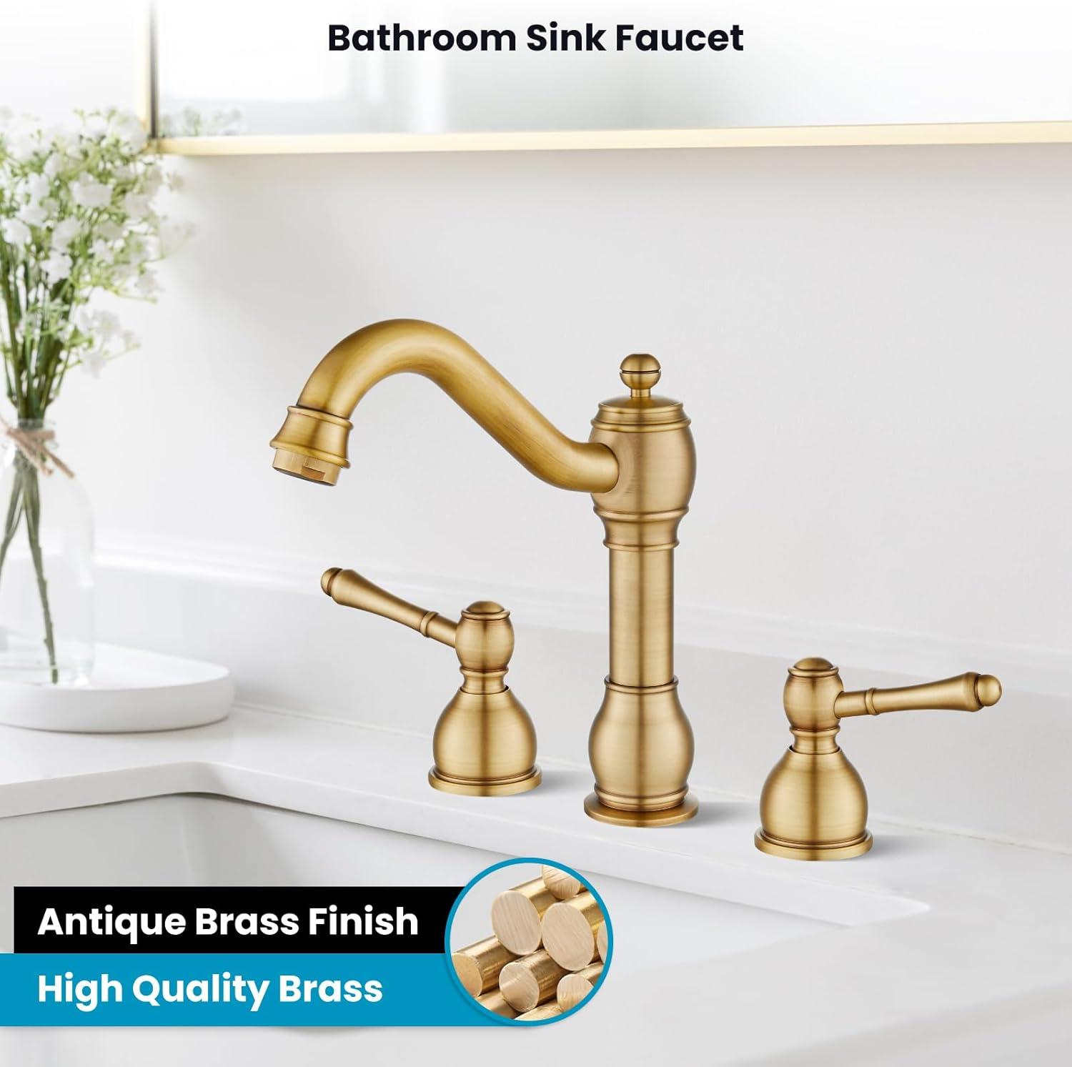 gotonovo Bathroom Faucet 3 Hole 8 Inch Widespread Bathroom Sink Faucet 2 Cross Handles Vintage Lavatory Vanity Mixer Tap with Pop Up Drain, H C Label, Antique Brass
