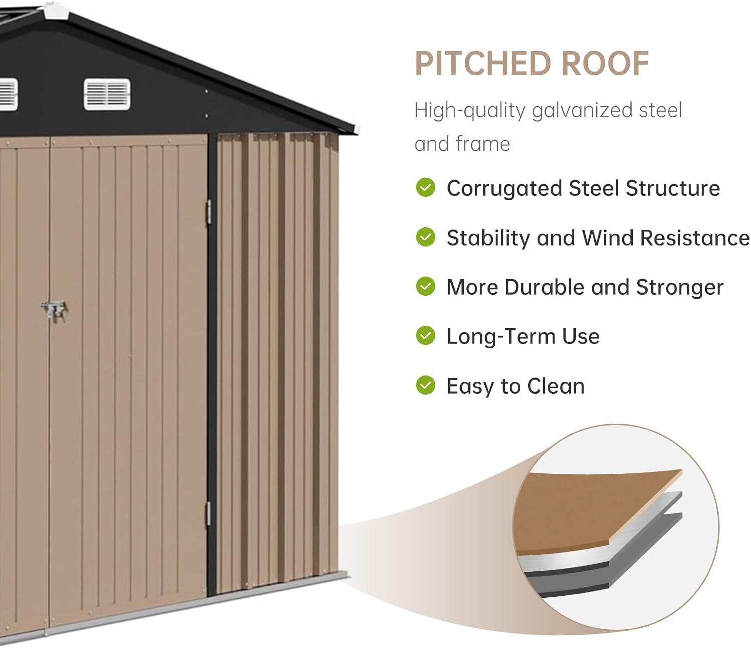 12x10 FT Outdoor Metal Storage Shed Garden Tool House With Lockable Doors and Vent Brown
