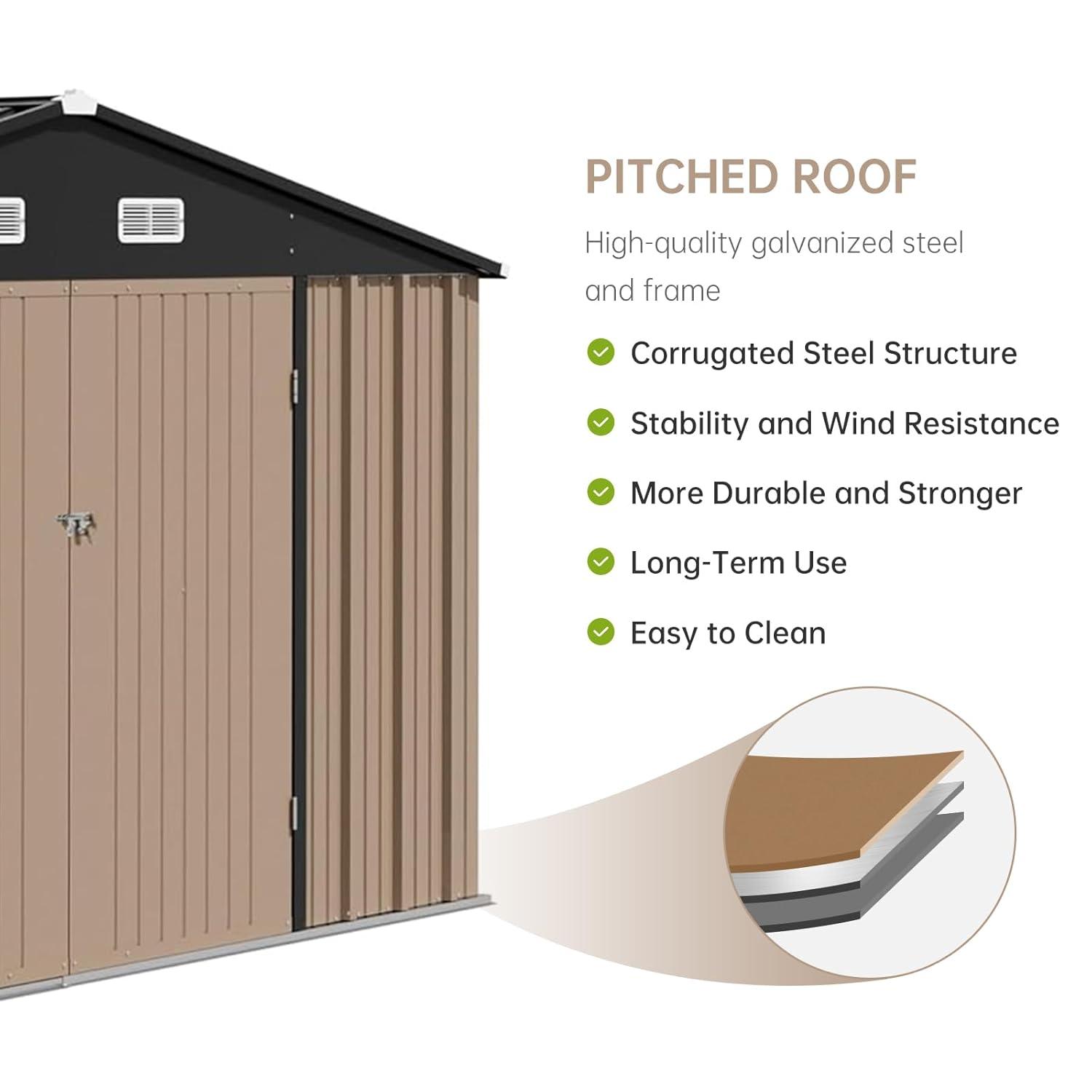 12x10 FT Outdoor Metal Storage Shed Garden Tool House With Lockable Doors and Vent Brown