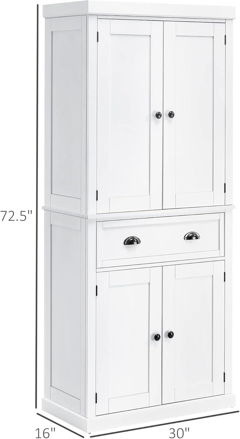 HOMCOM 72.5" Traditional Freestanding Kitchen Pantry Cupboard with 2 Cabinet, Drawer and Adjustable Shelves, White