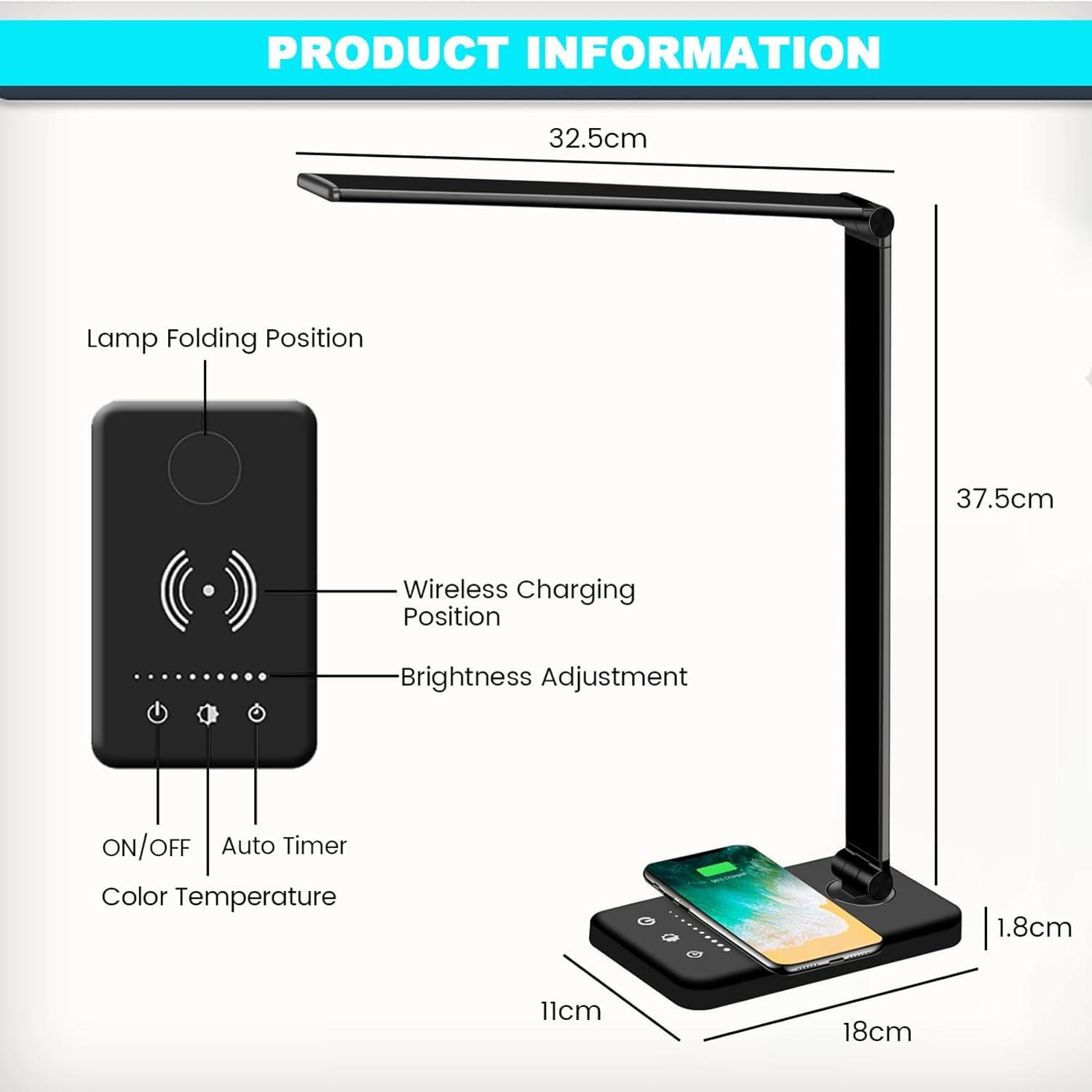 LED Desk Lamp with Wireless Charger, USB Charging Port, Desk Lighting with 5 Brightness Level,5 Lighting Modes, Dimmable Eye-Caring Reading Desk Light for Home, Office Lights,Touch Control,Auto Timer