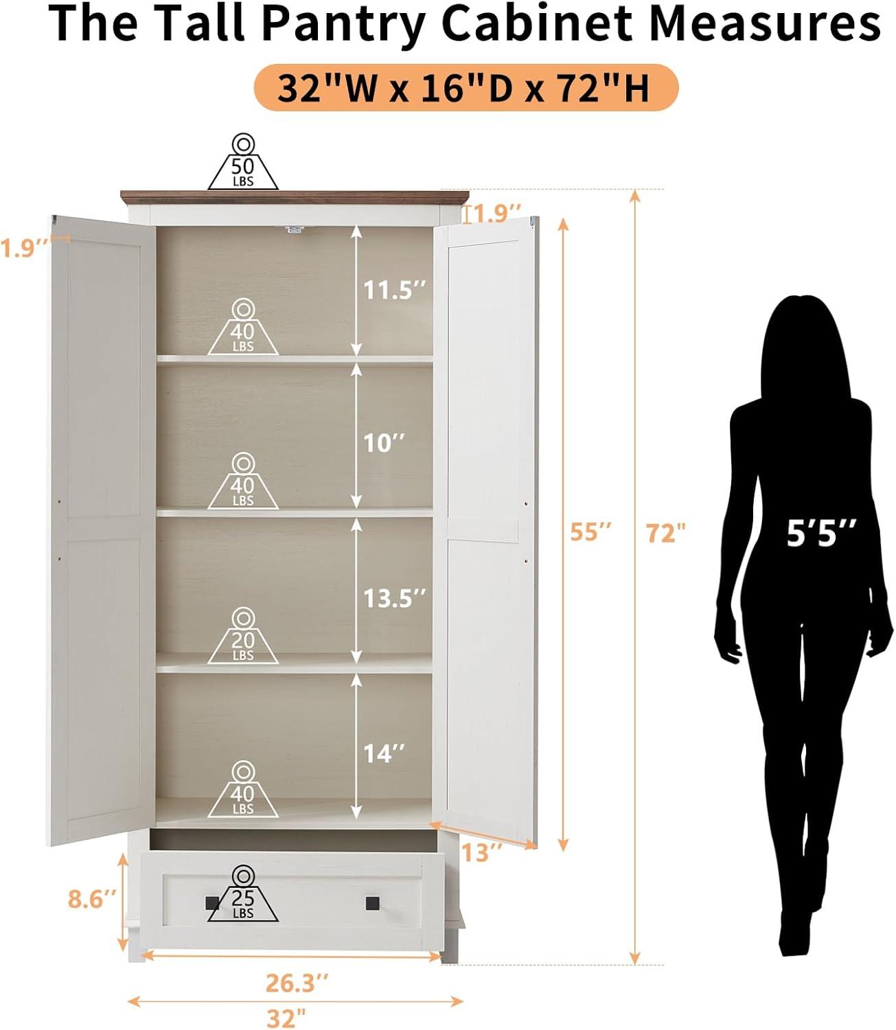 White Farmhouse 72'' Tall Kitchen Pantry Cabinet with Adjustable Shelves