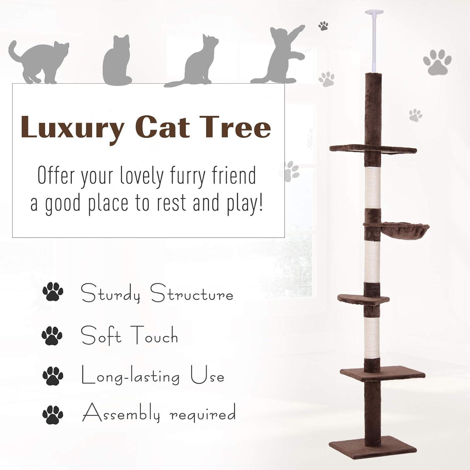 Pawhut 9' Adjustable Height Floor-To-Ceiling Vertical Cat Tree - Brown and White