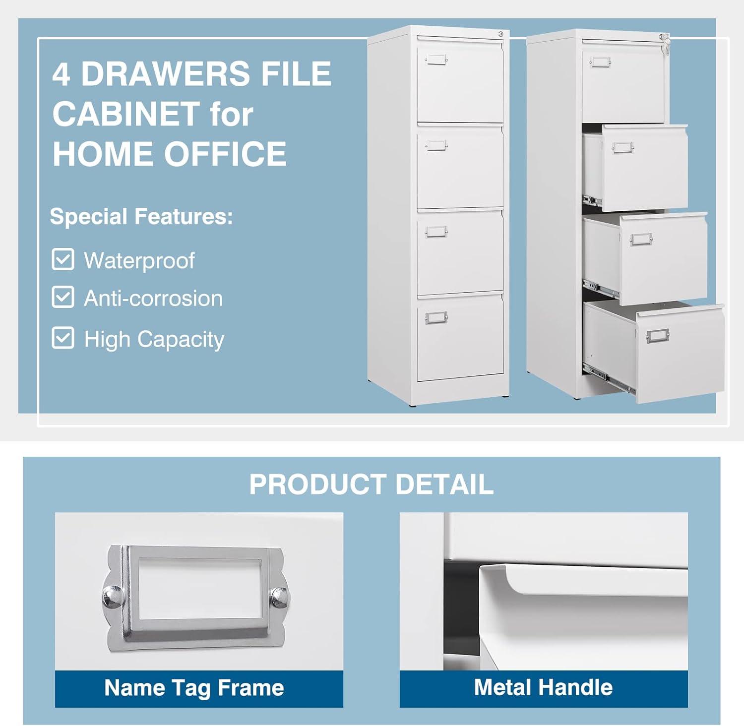 4 Drawer File Cabinet, 17.8" D Metal Filing Cabinets with Lock, Vertical Filing Cabinet for Home Office, Steel File Cabinet for Letter/Legal/A4/F4 Size, Easy Assemble (White)