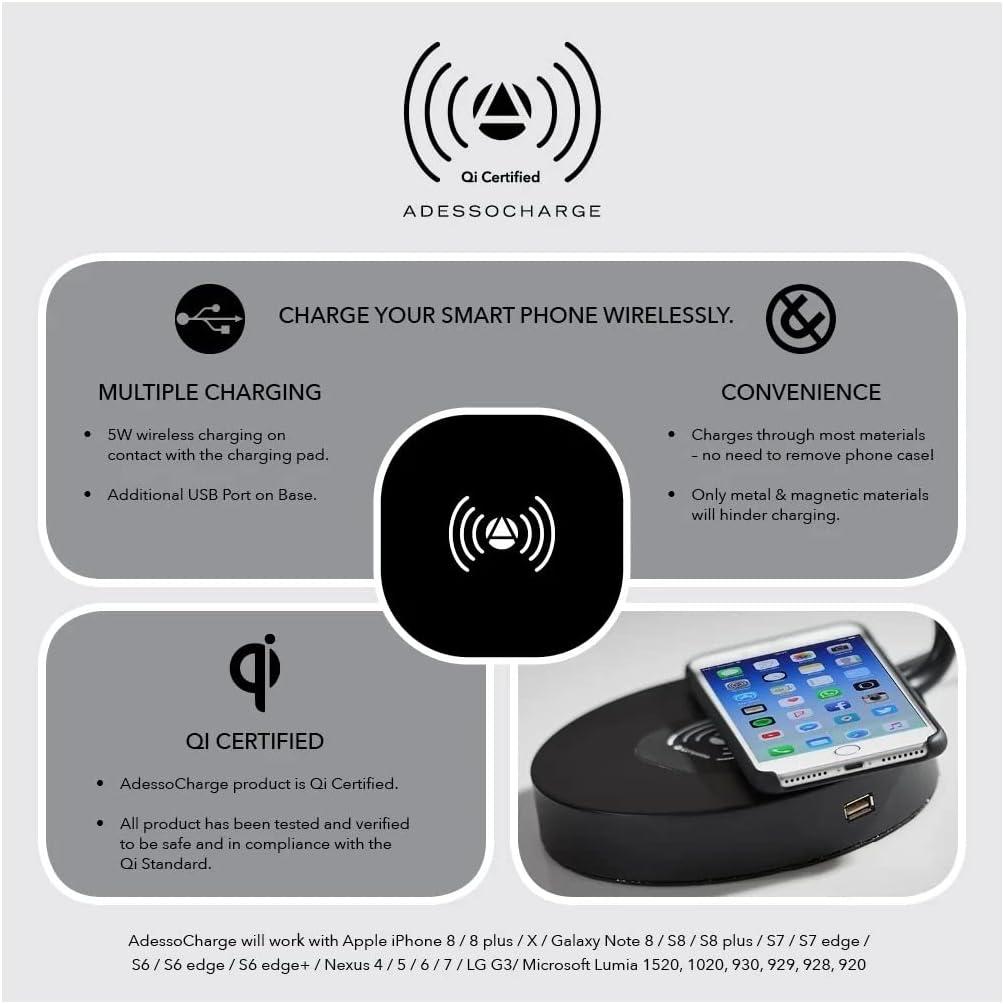 19" Wireless Charging Table Lamp Matte Black - Adesso: ETL Listed, Metal Shade, No Assembly Required