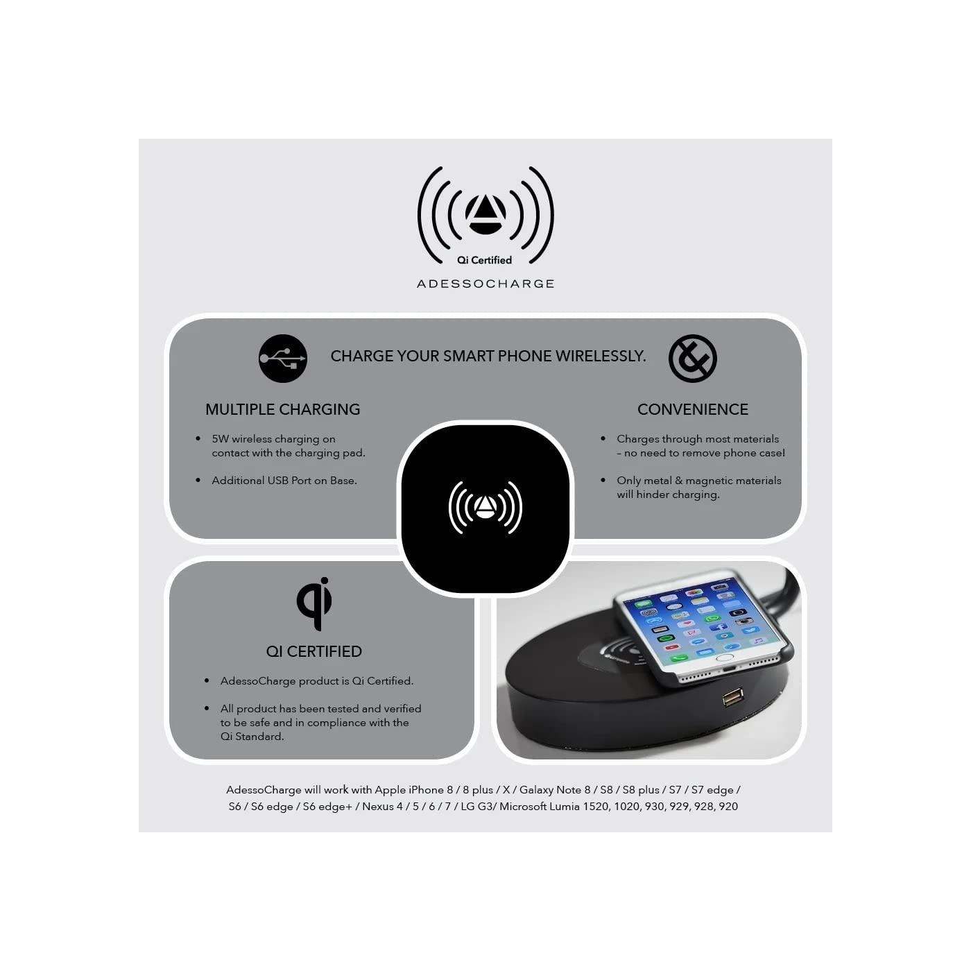 19" Wireless Charging Table Lamp Matte Black - Adesso: ETL Listed, Metal Shade, No Assembly Required