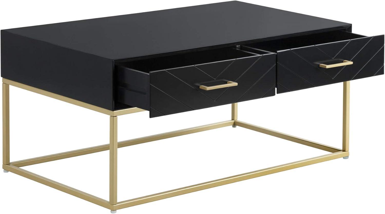 Tommy Hilfiger Ellias Modern Coffee Table with Two Drawers, Glossy Black Top, Golden Metal Frame