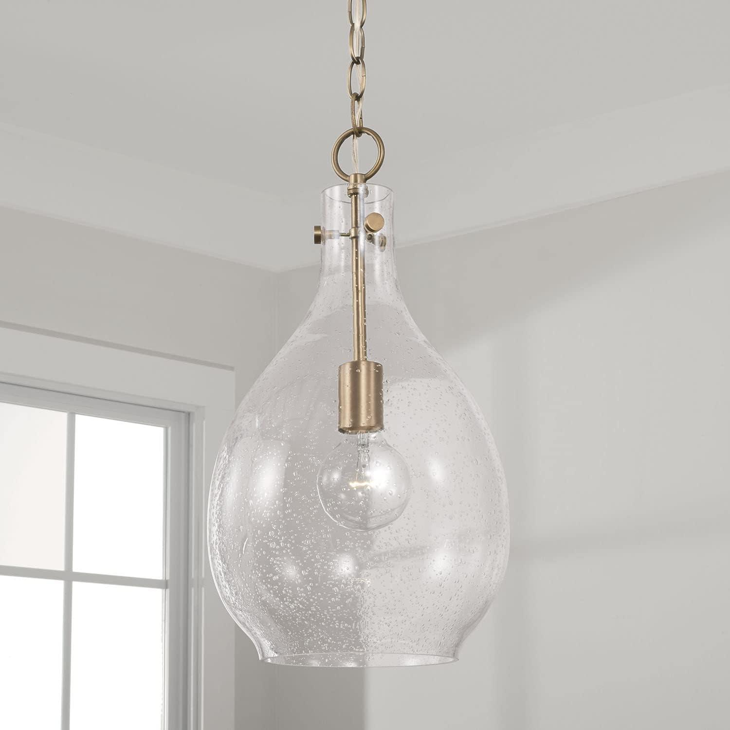 Aged Brass Teardrop Pendant Light with Seeded Glass Shade