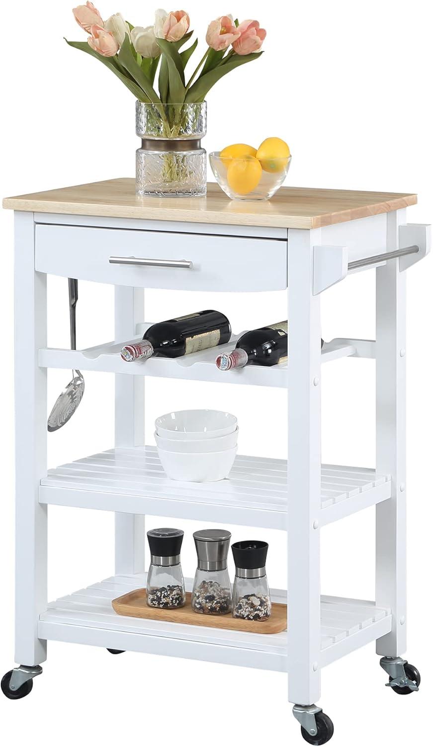 Rubberwood Rectangular Butcher Block Kitchen Cart with Wine Storage