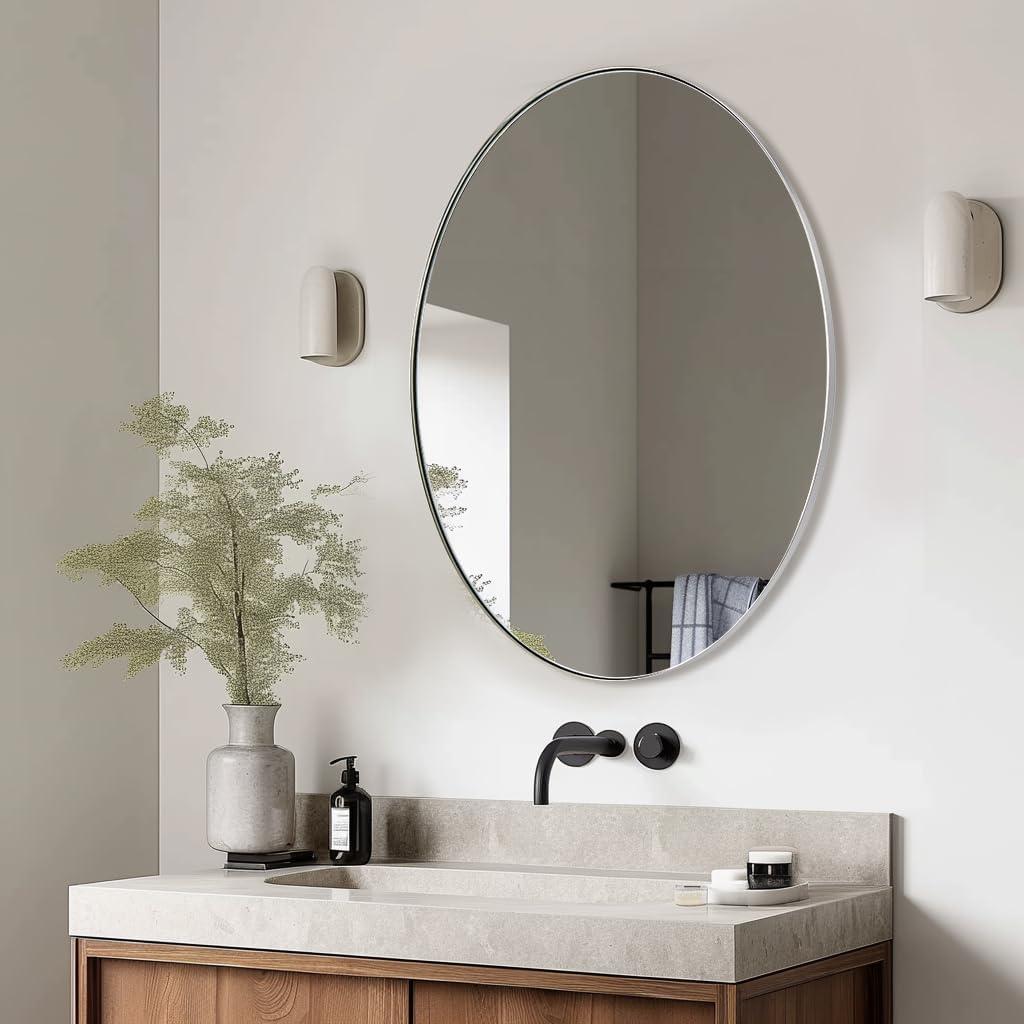 ANDY STAR Oval Bathroom Mirror, 24" x 36" Chrome Stainless Steel Metal Frame Vanity Mirror for Over Sink with Adjustable Tilting Design, Pivoting Mirror for Modern Wall Decor