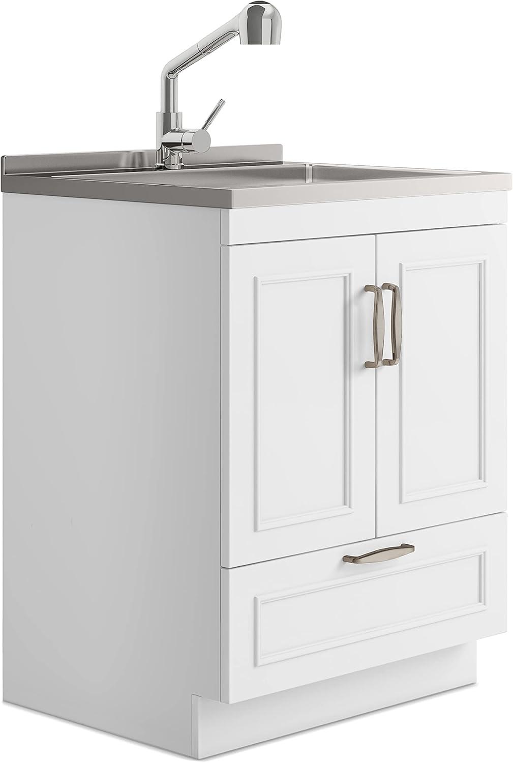 Simpli Home Cardinal Transitional 28 inch Laundry Cabinet with Faucet and Stainless Steel Sink in White