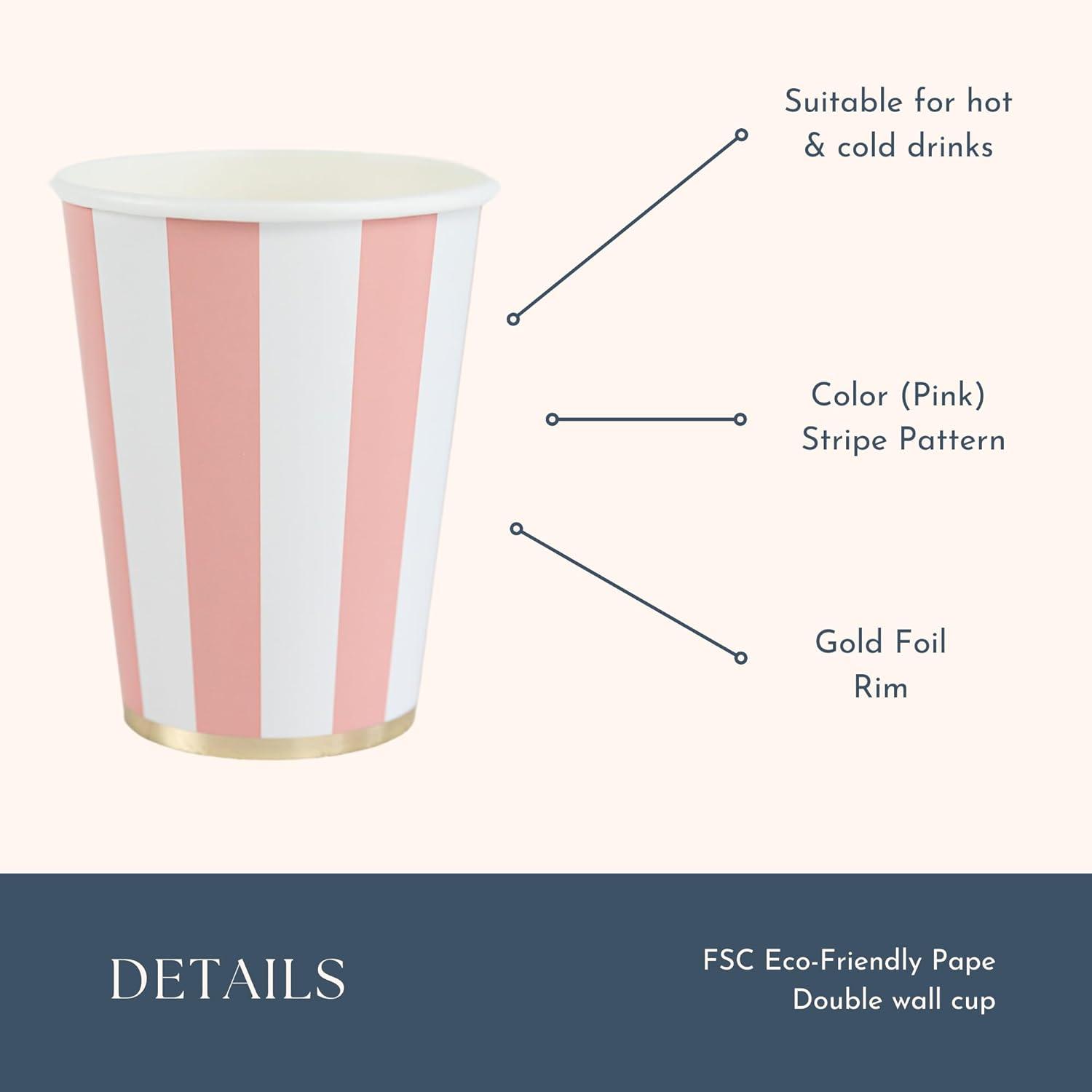Bonjour Fête Pink Cabana Stripe Paper Party Cups | Disposable Cups for Valentine's Day, Baby Showers, Barbie Parties & Birthday Decorations | Premium 12oz Party Supplies | Pack of 8