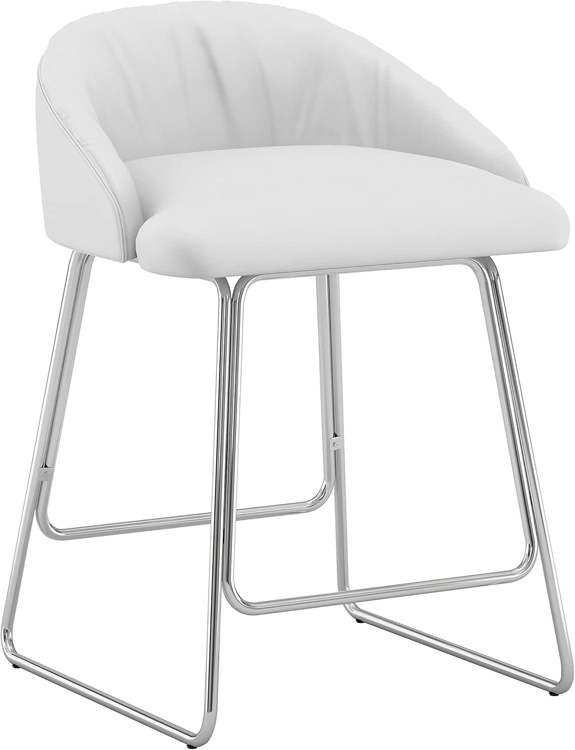 Modern Chrome Metal Counter Stool with White Faux Leather