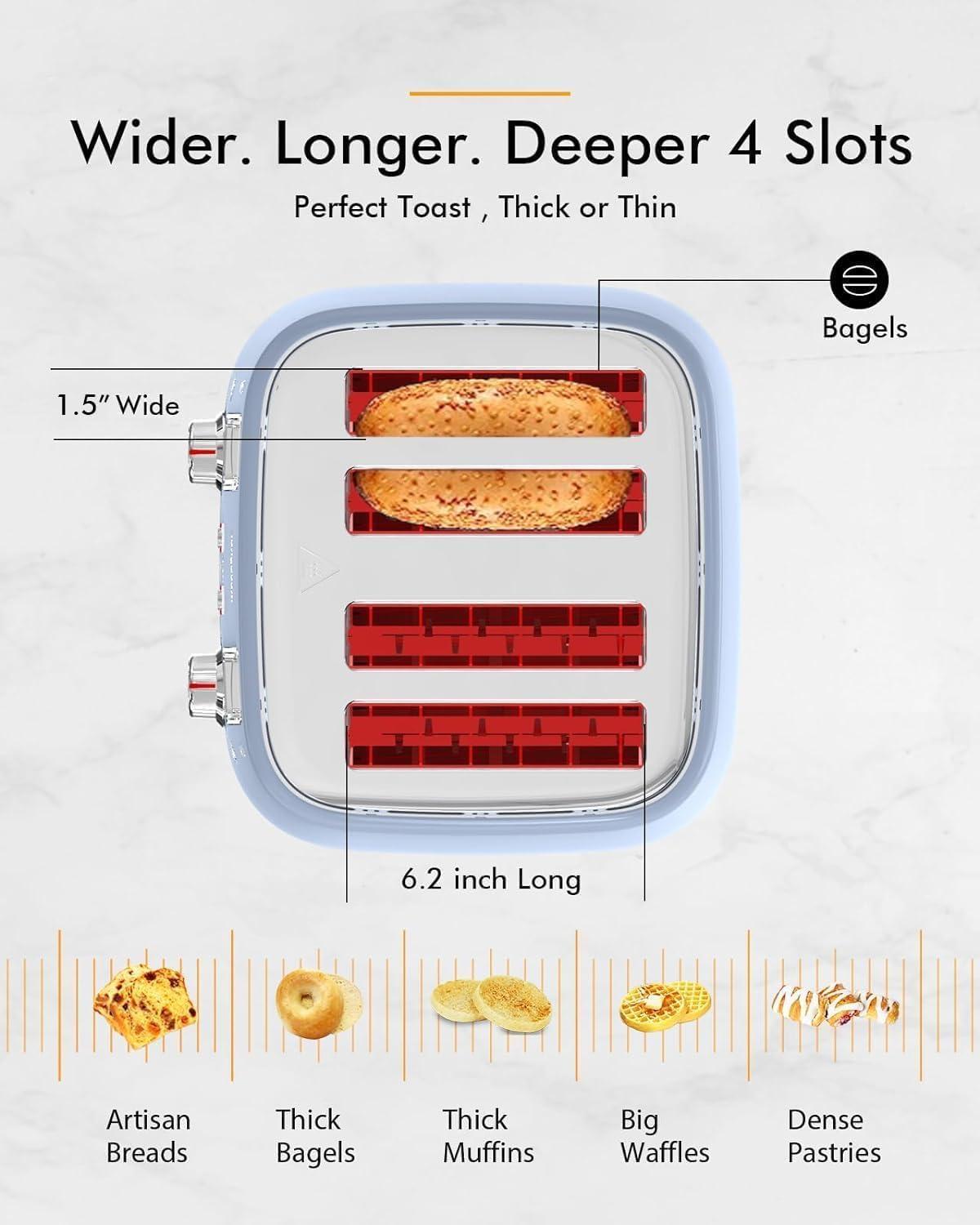 4 Slice Toaster, Extra Wide Slots, Longdeem Retro Stainless Steel Toasters, 6 Browning Options, Auto Shut Off & Frozen Function, Toast Fruit Bread, Bagel & Waffle