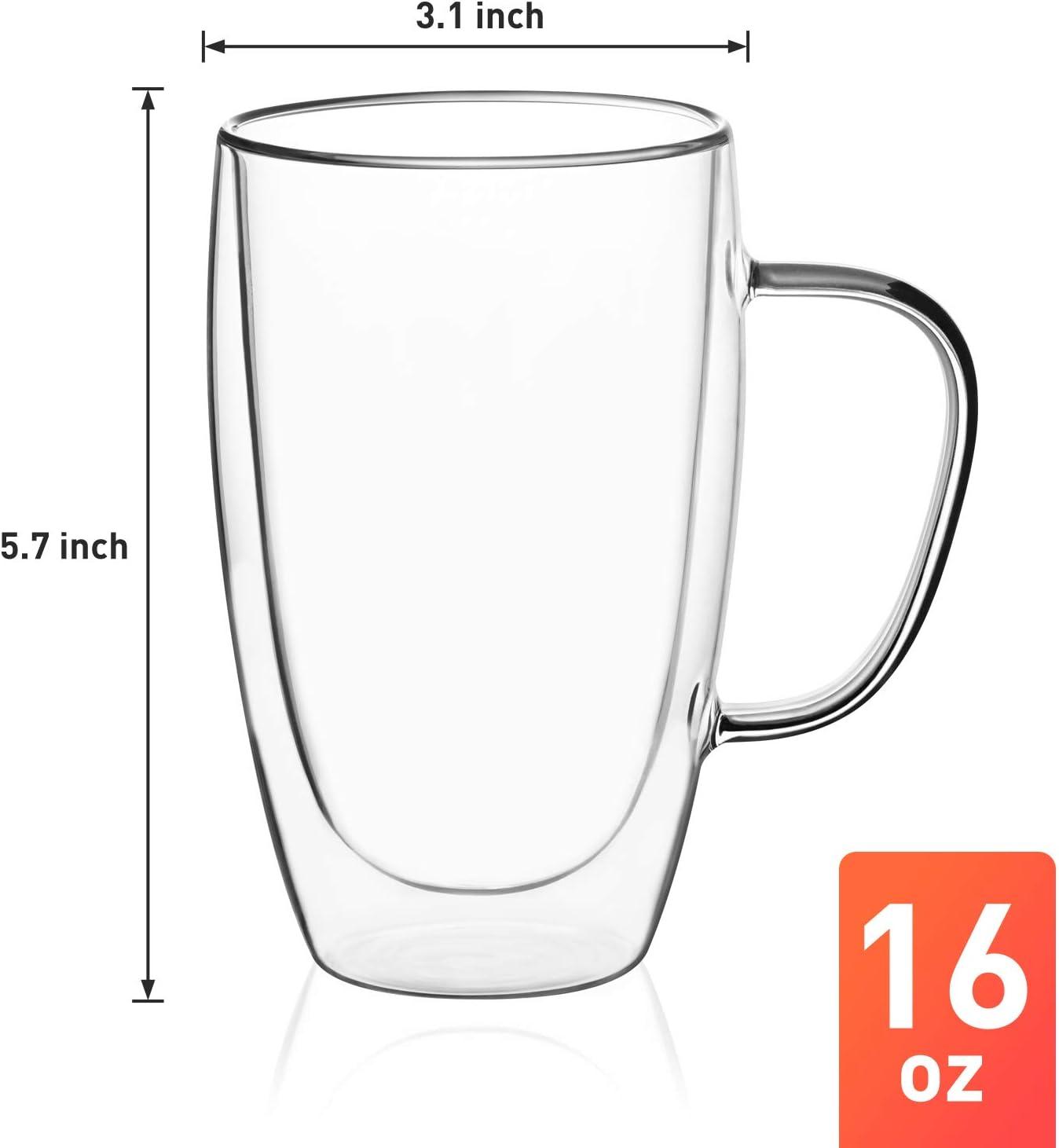 Clear Double Wall Glass 16 oz Insulated Coffee Mugs with Handles, Set of 4