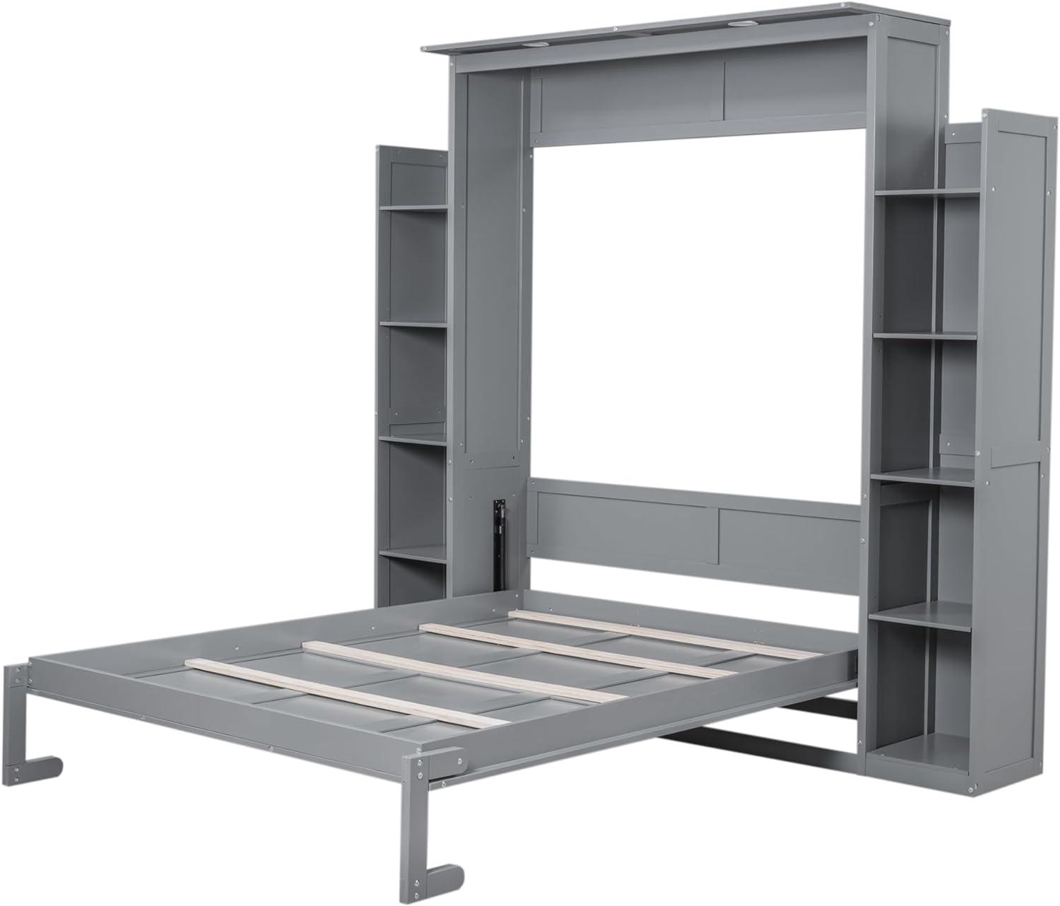 Gray Queen Size Murphy Bed with Shelves and LED Lights