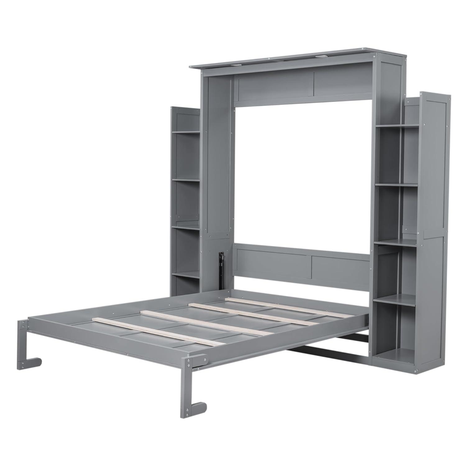 SHANRUGUOJI Murphy Bed Wall Bed With Shelves And LED Lights With Side Storage Bookcases