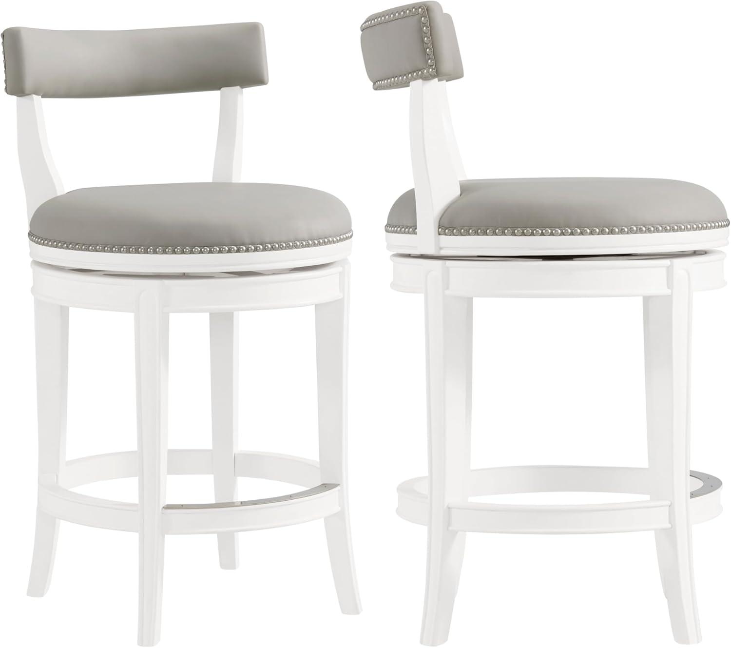Alaterre Hanover Swivel Bar Height Stool, White and Gray, 30-Inch Seat Height, Solid Rubberwood Frame with Faux Leather Upholstery, Nailhead Trim, Memory Return Swivel, Ideal for Kitchen, Dining Area, Set of 2