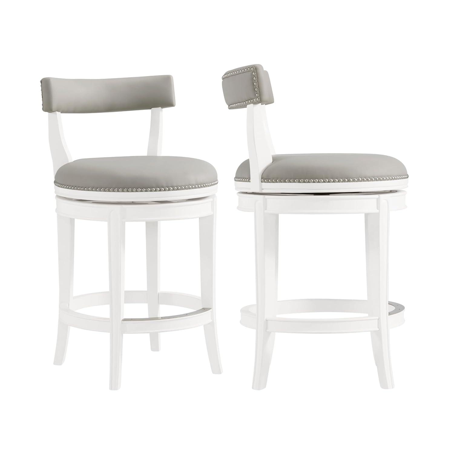 Alaterre Hanover Swivel Bar Height Stool, White and Gray, 30-Inch Seat Height, Solid Rubberwood Frame with Faux Leather Upholstery, Nailhead Trim, Memory Return Swivel, Ideal for Kitchen, Dining Area, Set of 2