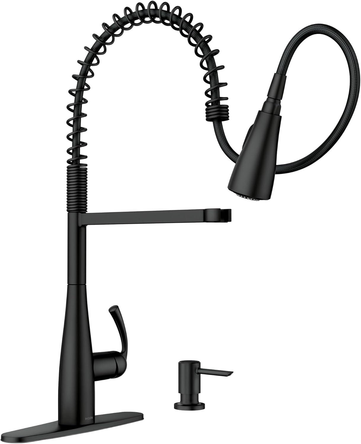 Moen Essie Pre-Rinse Spring Pull Down Single Handle Kitchen Faucet with Power Clean Technology and Soap Dispenser