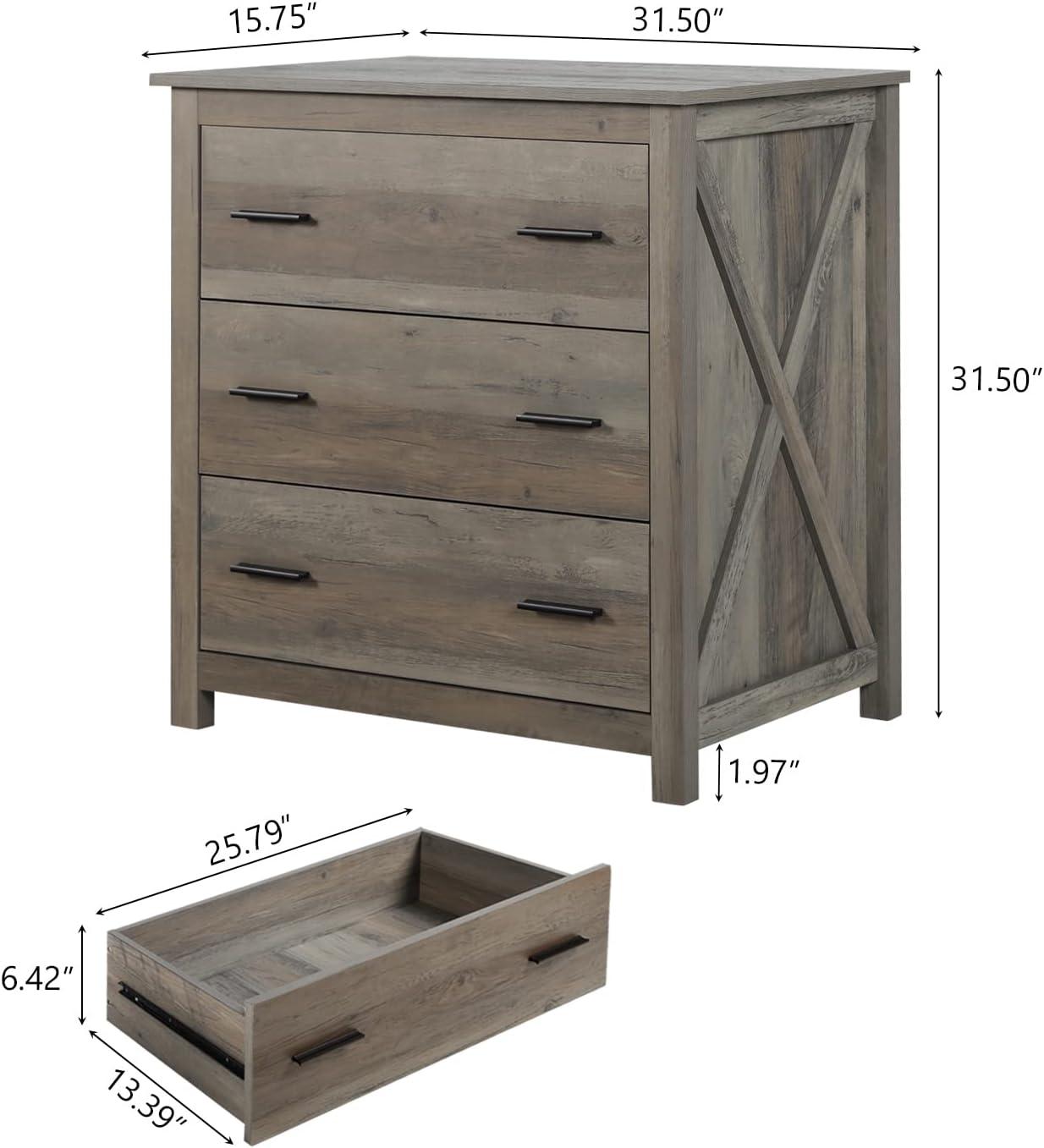 Gray Oak 3-Drawer Farmhouse Double Dresser with Deep Storage