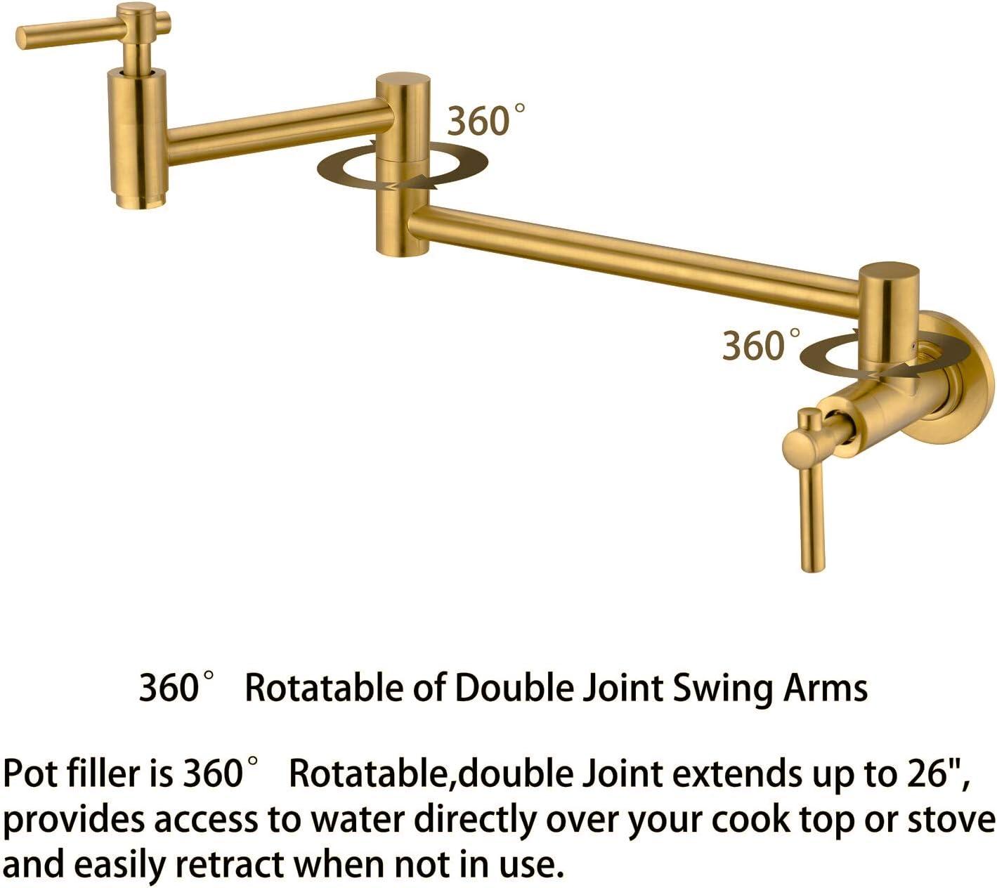 Wall Mount Pot Filler, Gold Brass Pot Filler Faucet with 2 Handles, Single Hole Stretchable Faucet with Double Joint Swing Arm Pot Filler above Stove