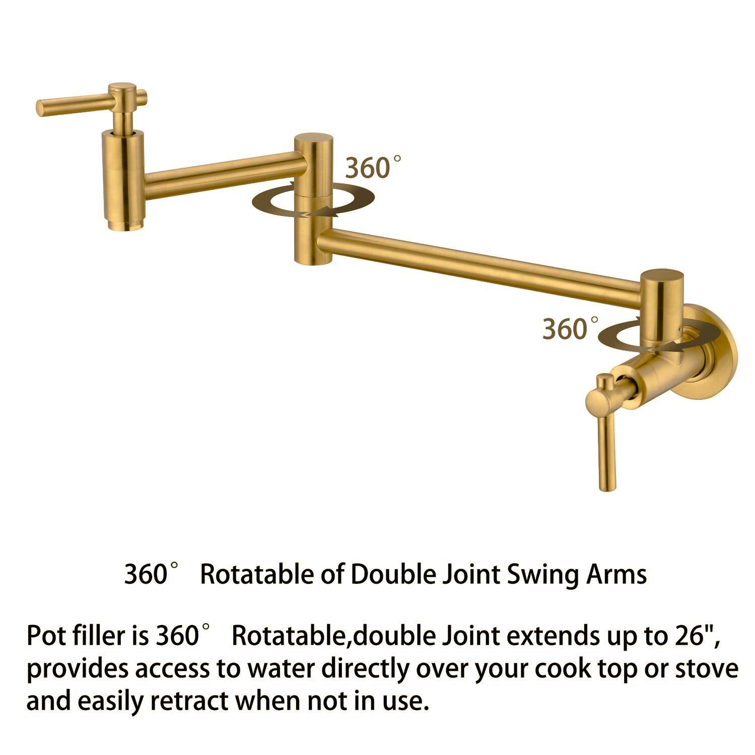 Wall Mount Pot Filler, Gold Brass Pot Filler Faucet with 2 Handles, Single Hole Stretchable Faucet with Double Joint Swing Arm Pot Filler above Stove