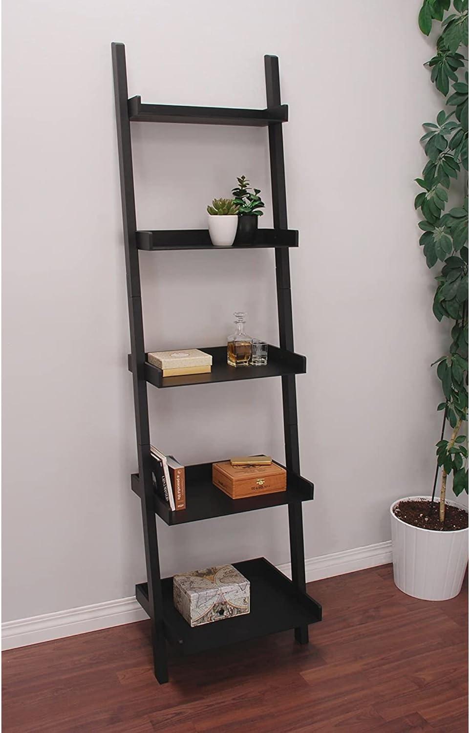 Hadfield 5-Tier Black Wood Leaning Ladder Shelf