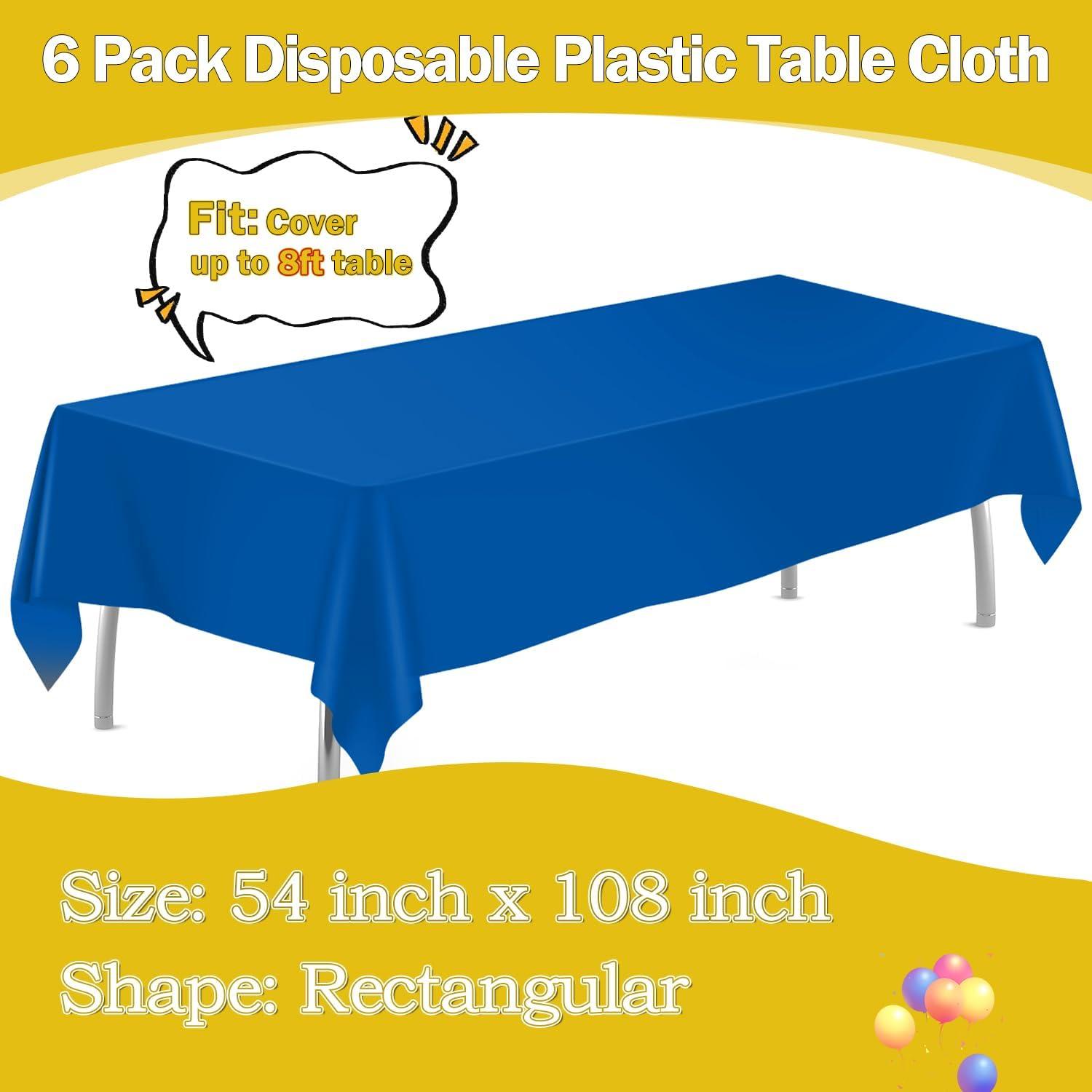 6 Pack Plastic Royal Blue Tablecloth for Parties, Rectangular Table Decorations, 54 x 108 Inches, Disposable Table Cover for Birthday, Graduation Party Supplies