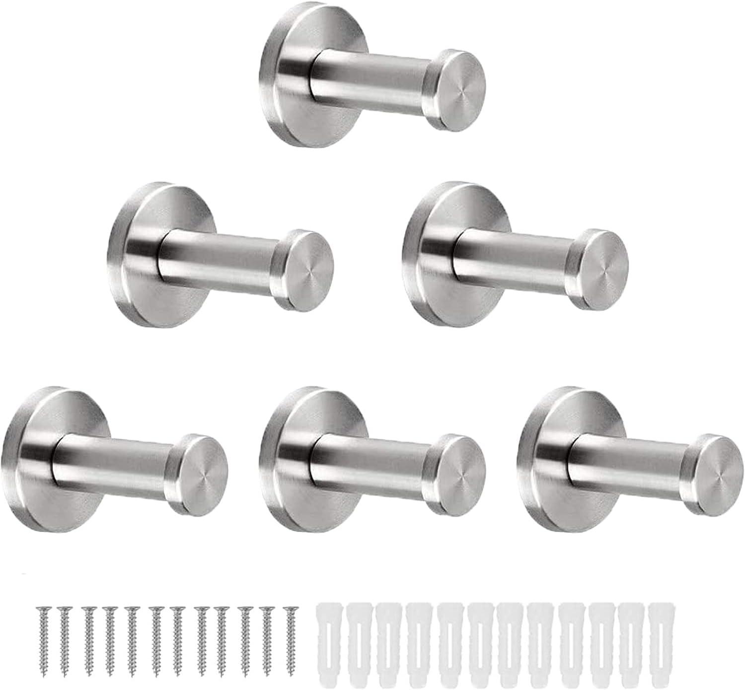 Brushed Stainless Steel Round Wall Hooks, 6 Pack