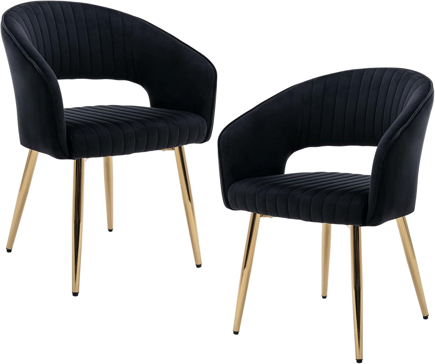 Black Velvet Upholstered Dining Chairs with Gold Metal Legs, Set of 2