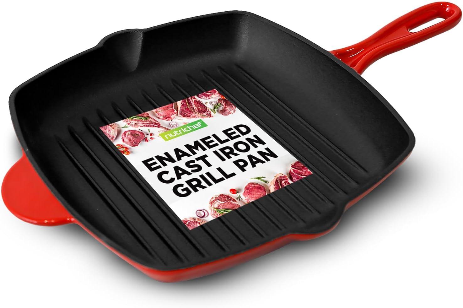 NutriChef 11.46'' Non-Stick Enameled Cast Iron Grill Pan / Griddle Set