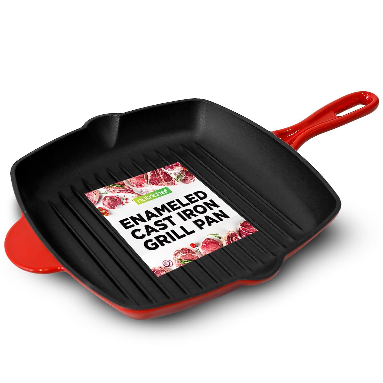 NutriChef 11.46'' Non-Stick Enameled Cast Iron Grill Pan / Griddle Set