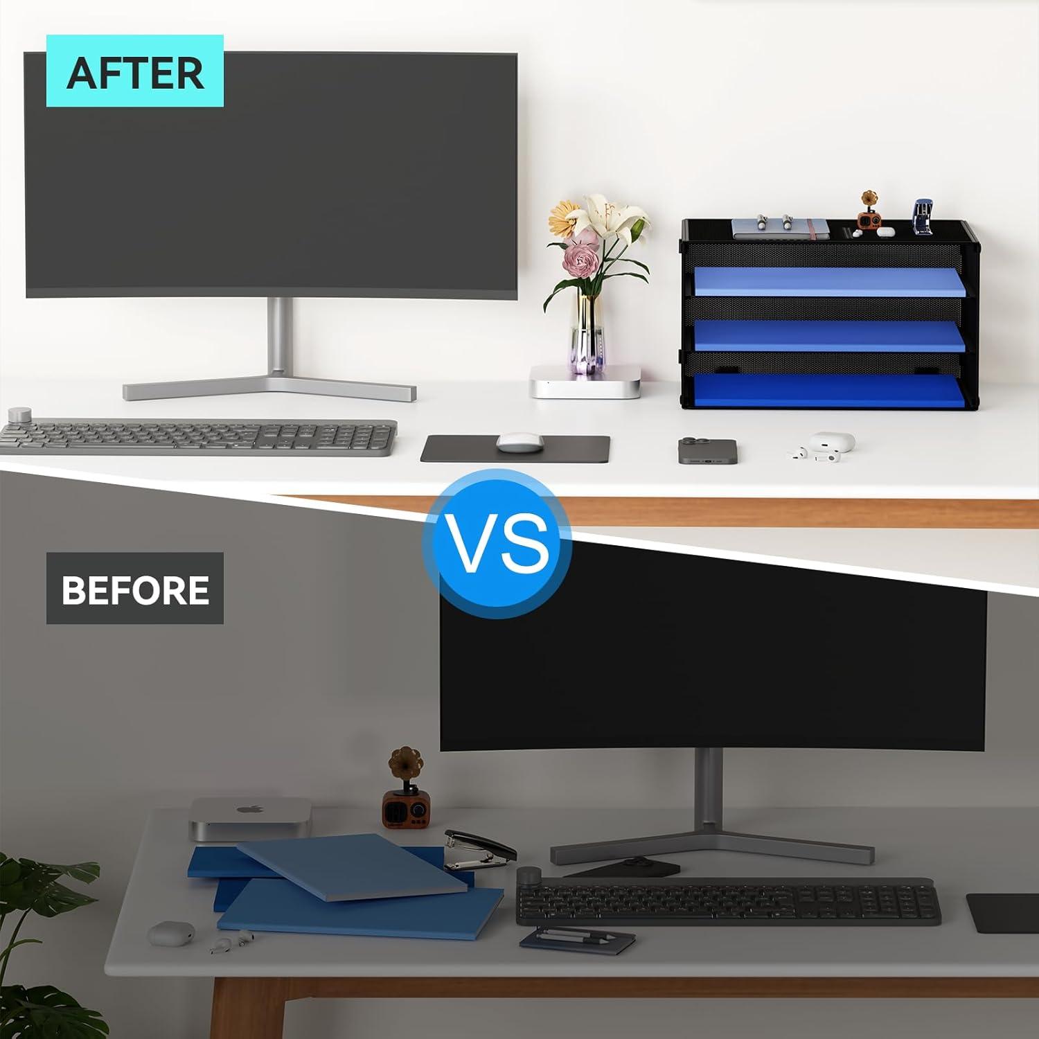 Paper Letter Tray Organizer, 3 Tier Mesh File Tray Desktop Paper Sorter with Drawer, Black