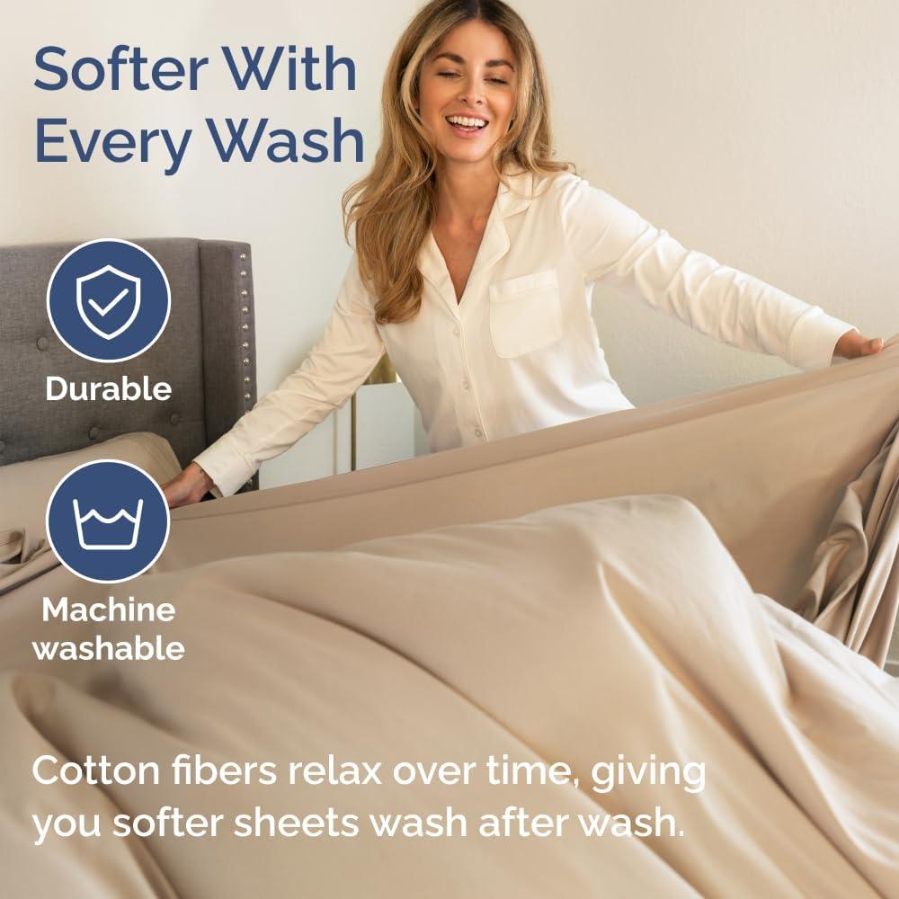 CGK Linens 100% Cotton 400 Thread Count 4 Piece Sheet Set - Soft & Cozy Sateen Bed Sheets in Cream, Size Queen