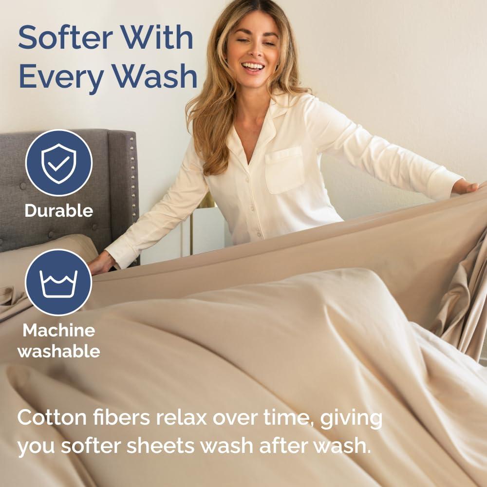 CGK Linens 100% Cotton 400 Thread Count 4 Piece Sheet Set - Soft & Cozy Sateen Bed Sheets in Cream, Size Queen